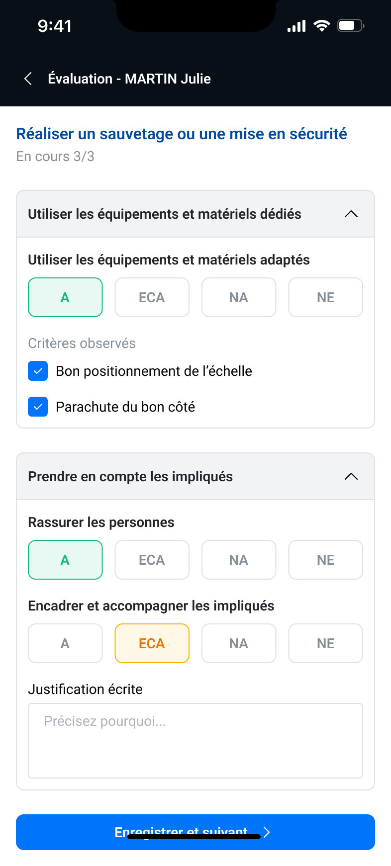 Écran d’évaluation critériée avec les niveaux A, ECA, NA et NE