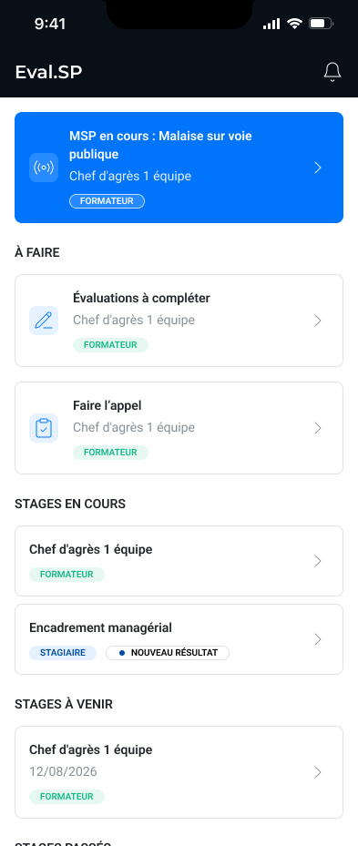 Écran formateur : MSP en cours et évaluations à compléter